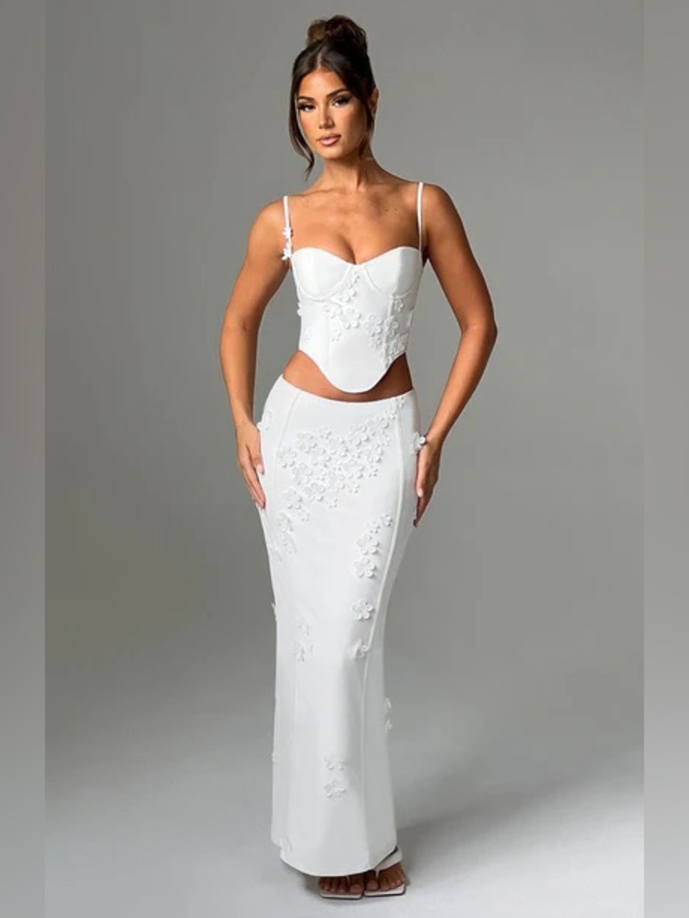 White 3D Floral Maxi Skirt Set from Babyboo